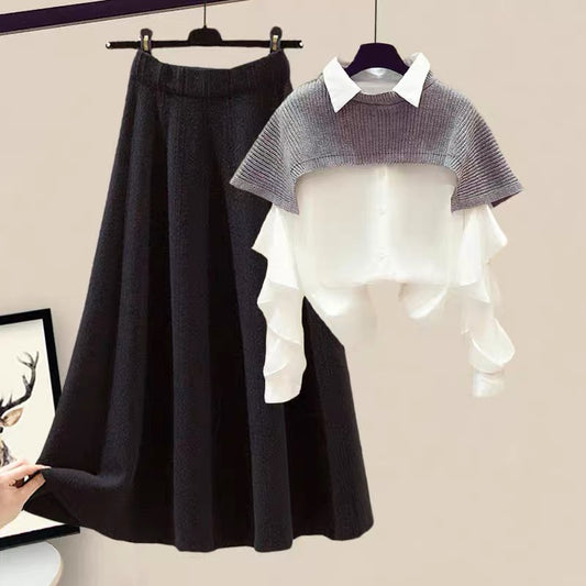 Autumn temperament shirt shawl sweater collocation skirt skirt celebrity small fragrance suit female spring and autumn two-piece suit 1882