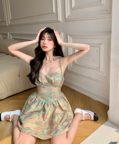 Sexy Pure Desire Hot Girl Floral Suspender Dress Female Summer 2023 New Short Skirt Gentle Waist Puffy Skirt