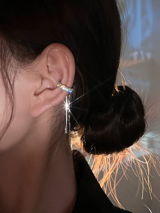 Micro-inlaid zircon ear clips without ear holes cold wind tassel earrings niche design simple personality ear bone clip earrings