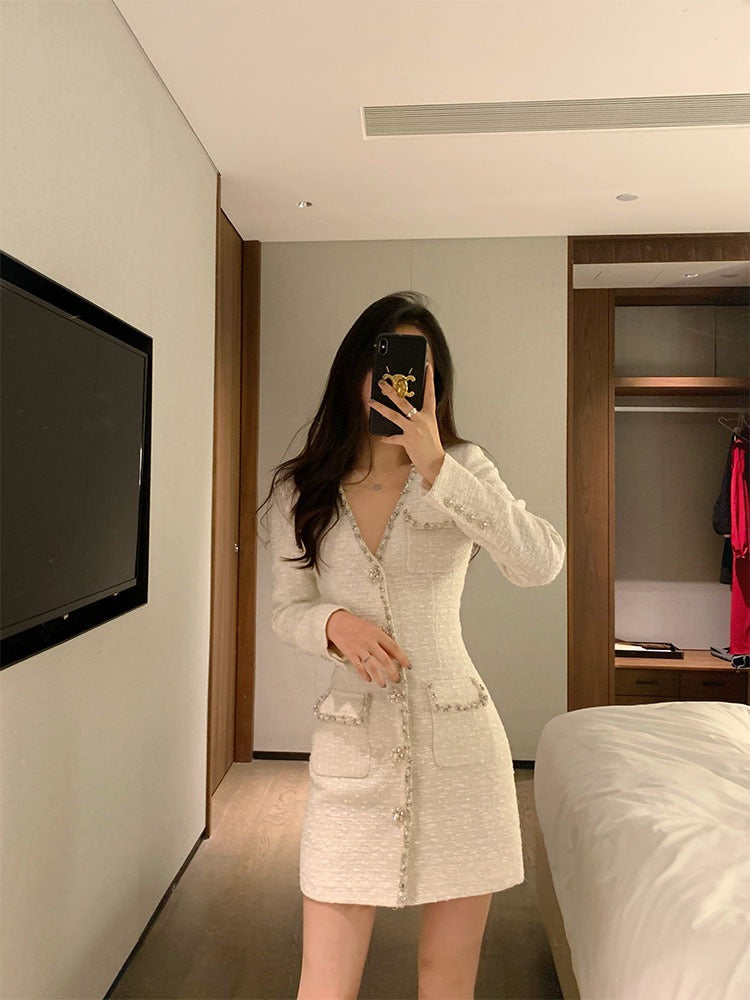 Small fragrance style high-end sense waist waist temperament celebrity autumn and winter with coat skirt v-neck thick floral bottoming dress female