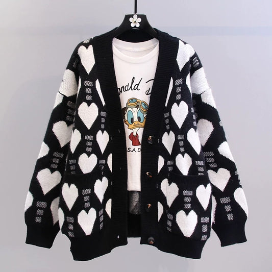 Soft milk blue love sweater jacket women's autumn and winter 2022 new Japanese style lazy style loose age-reducing knitted cardigan