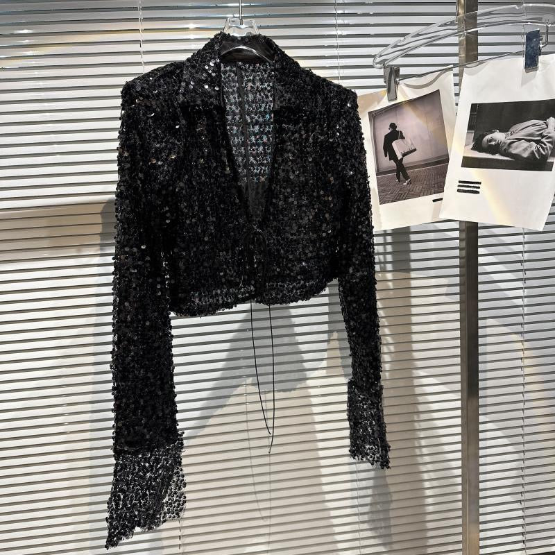 Internet celebrity same style 2023 spring new hot girl celebrity full body sequins shiny short short sleeves shoulder pad short coat
