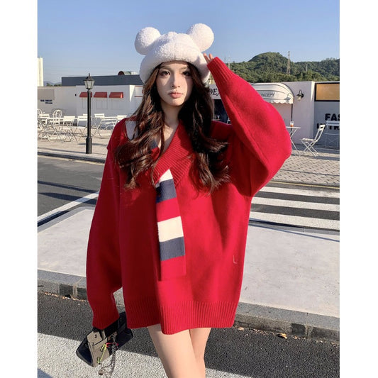 Chinese New Year Red Christmas Sweater Women's Autumn and Winter Niche Design Loose Lazy Wind Mid-Long Section V-Neck Knitted Top