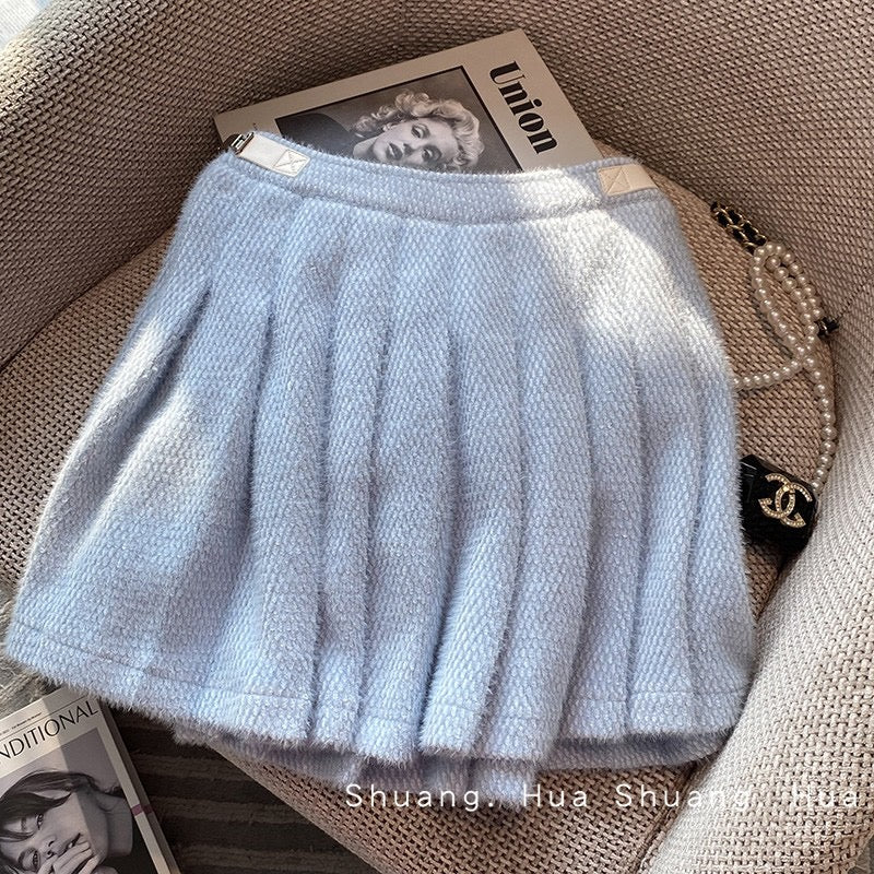 High-end temperament blue small fragrance suit autumn and winter women's 2022 new high-end pleated skirt two-piece suit