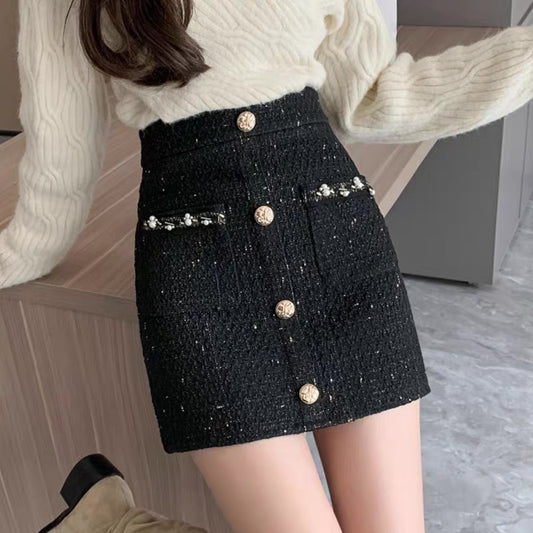 French-style small fragrance temperament bag hip skirt women's autumn and winter new high waist slimming all-match woolen a-line skirt
