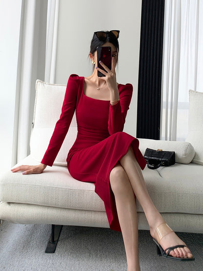 Guoge custom red dress female 2023 spring new long-sleeved French waist slim temperament square collar engagement dress