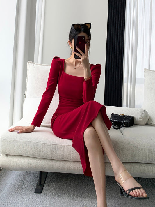 Guoge custom red dress female 2023 spring new long-sleeved French waist slim temperament square collar engagement dress