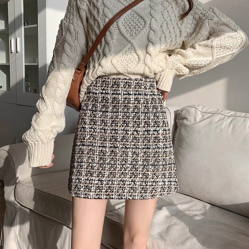 Plaid tweed skirt women's large size fat mm autumn and winter bright silk students small fragrant style a-line skirt bag hip skirt