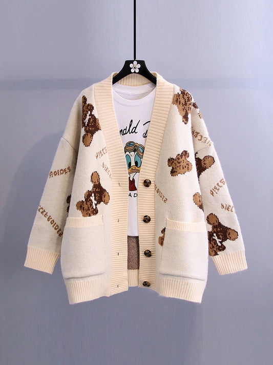 Bear letter sweater coat women loose thickening 2022 autumn new Korean version lazy style all-match knitted cardigan