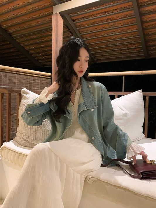 Ren Xiaoyi blue denim jacket 2023 new women's Korean version loose design sense niche short short small top