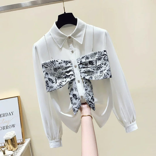 Women's clothing cutting label counters withdrawn foreign trade spring and autumn suspenders floral fake two-piece long-sleeved shirts top women