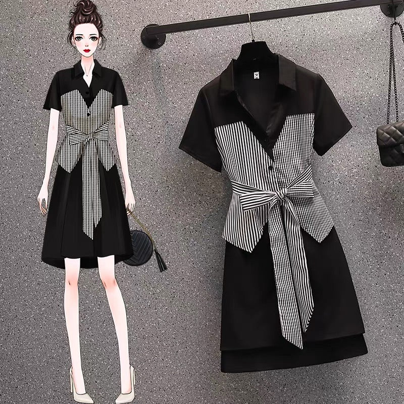 2021 summer new plus size women's clothing fat sister is thin fashion striped fake two-piece dress summer