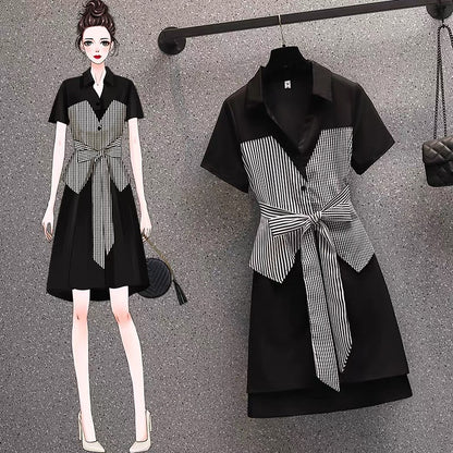 2021 summer new plus size women's clothing fat sister is thin fashion striped fake two-piece dress summer