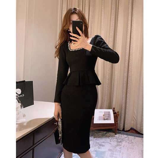 BETTER LS light luxury ladies temperament suit female waist square collar shirt bag hip skirt royal sister two-piece set