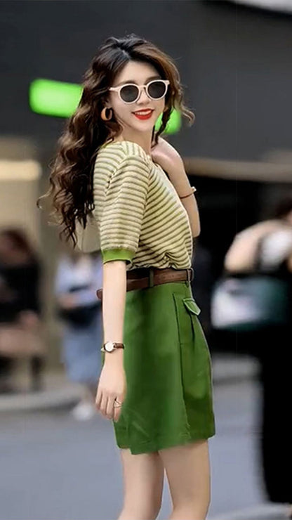 Summer new pear-shaped body tea wear a complete set with milk system slightly fat and thin cover meat two-piece suit for women