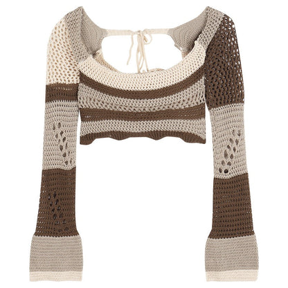 Hollow knitted bottoming shirt women's spring pure desire short hot girl square collar sexy slim long-sleeved inner sweater top