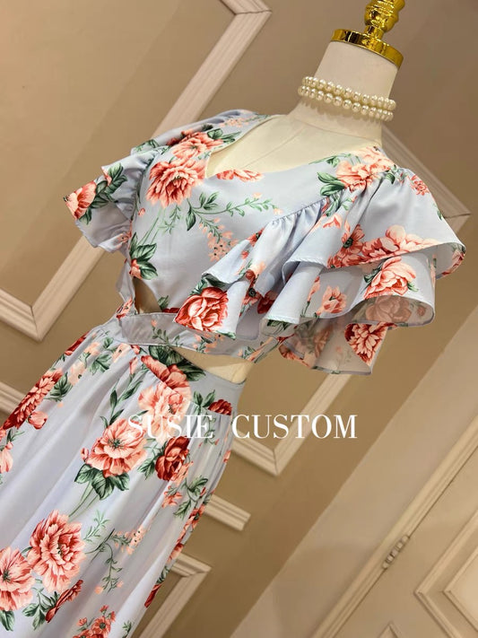 Custom Vintage Rose Print V-Neck Ruffled Flying Sleeves Slim Fit Show Waist A-Line Maxi Dress