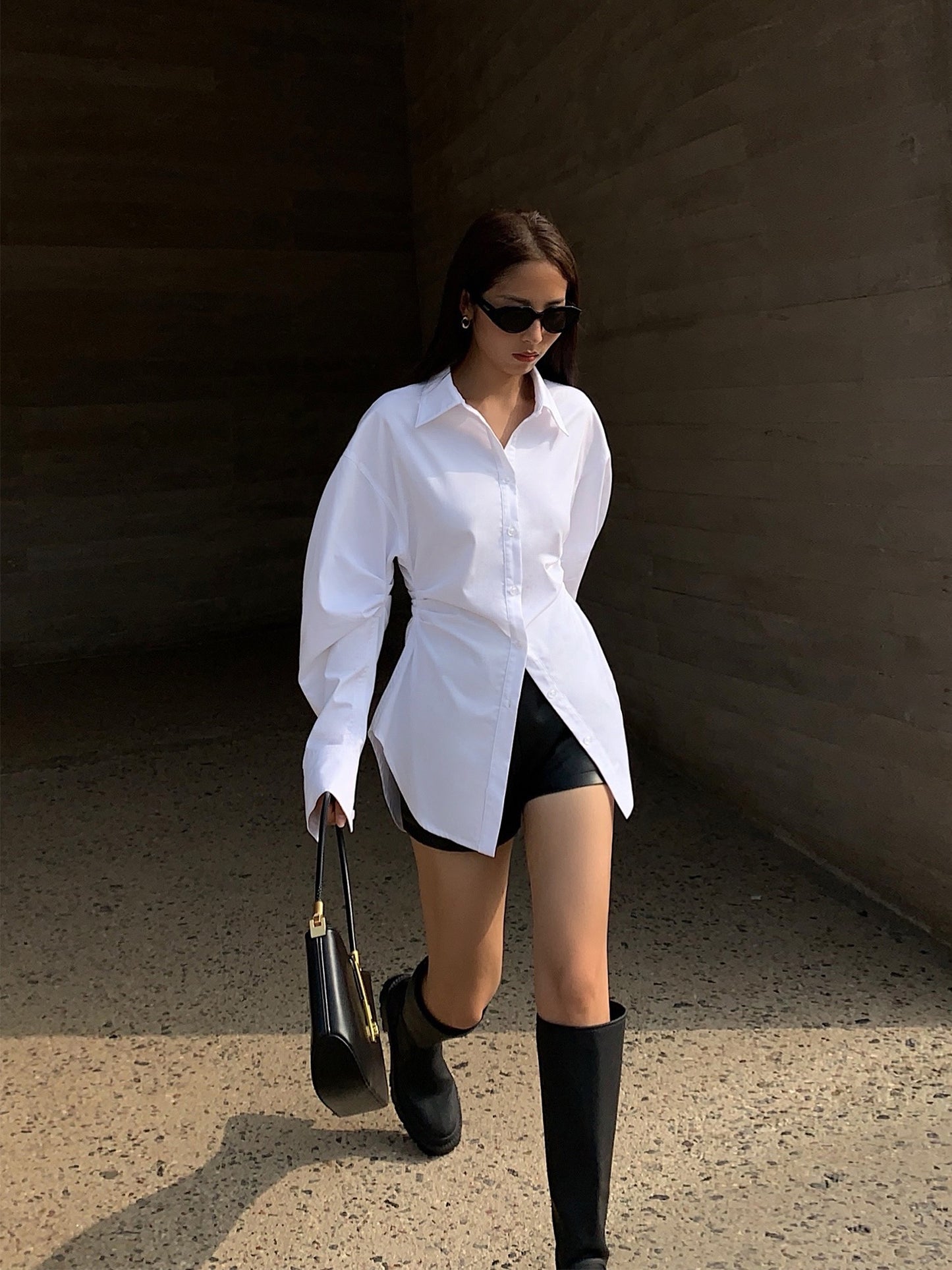 NEVA HU white waist slimming long-sleeved shirt female design sense niche 2022 autumn new slim shirt