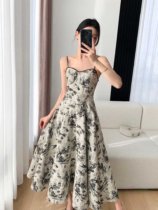 FT GUOGE Floral Sling Dress Women 2023 Summer New French Light Luxury Waist Slim Jacquard Long Dress