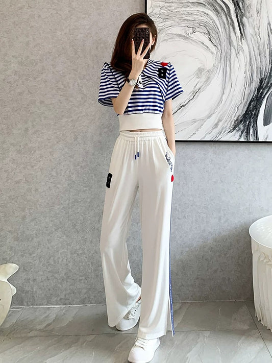 Sports and leisure suit women's summer 2022 new short-sleeved striped waist slimming fashion wide-leg pants temperament two-piece set