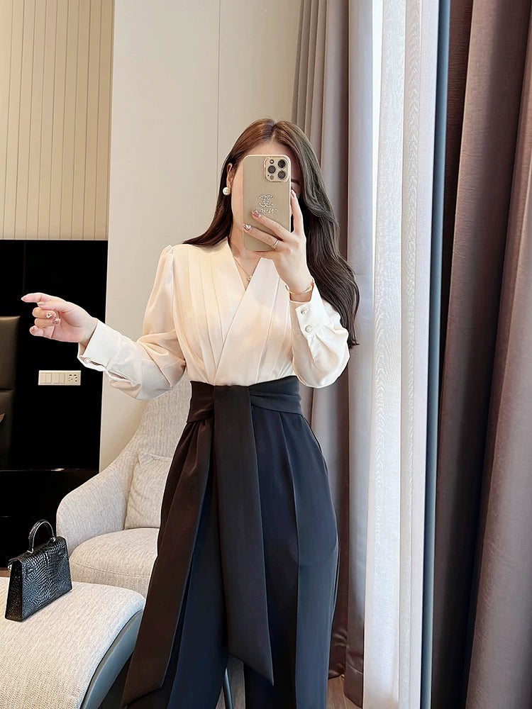 Miss Dong's high-end custom jumpsuit women's 2022 autumn new straight wide-leg tie waist color-blocking jumpsuit 1784