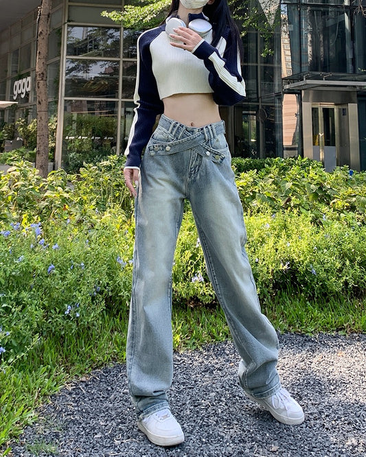 Hong Kong-flavored washed light-colored jeans women's autumn design sense cross high-waisted straight-leg pants ins high street tide wide-leg pants