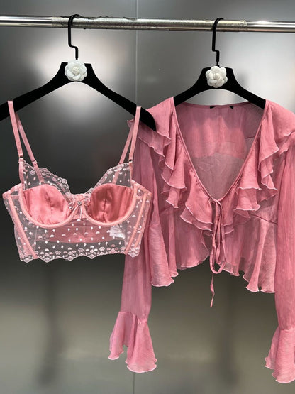 Grapefruit MM 2023 spring ruffled V-neck long-sleeved shirt with lace polka-dot suspenders pure desire style two-piece set