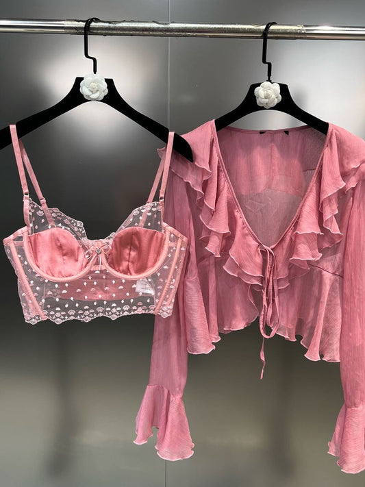 Grapefruit MM 2023 spring ruffled V-neck long-sleeved shirt with lace polka-dot suspenders pure desire style two-piece set