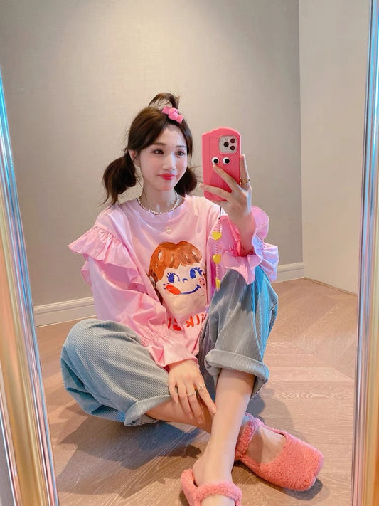 JENNIFER JXLIU Korea autumn and winter cute cute girl cartoon print lotus leaf loose T-shirt women