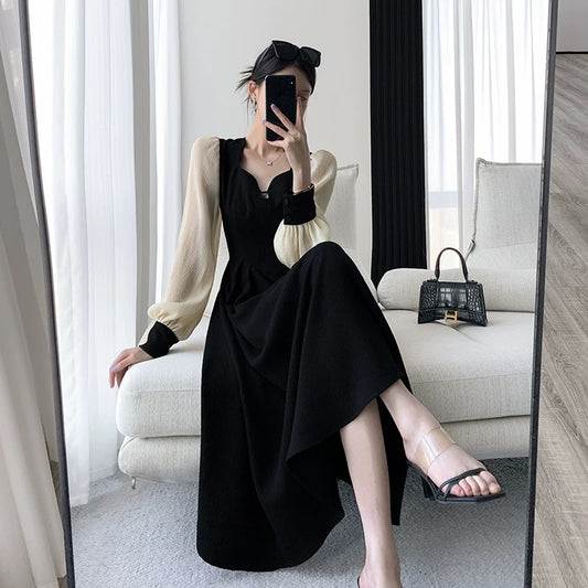 FT GUOGE black dress women's 2022 autumn new long-sleeved French style slimming Hepburn mid-length skirt 1496