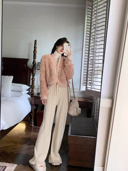 Guoguojia High-waist knitted wide-leg pants women's autumn and winter new loose and thin all-match casual pants drawstring straight pants