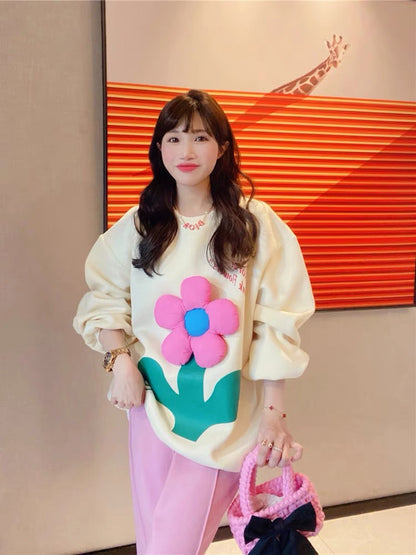 JENNIFER JXLIU Korea autumn and winter a pink three-dimensional flower ^ loose long-sleeved beige sweater women