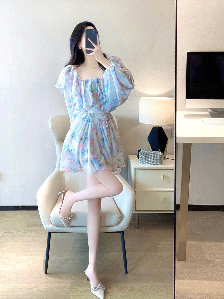 French Floral Dress 2023 Spring New Women's Wear Temperament Ladies Waist Slim Retro Square Neck Chiffon Skirt 2016