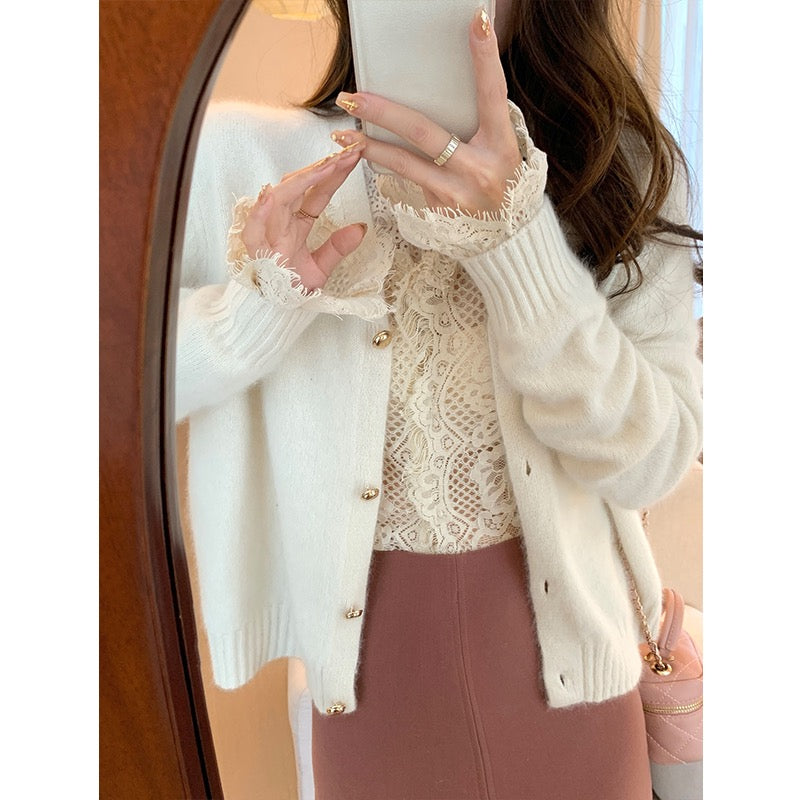 MUKOK French lace shirt women's 2023 spring new foreign style V-neck temperament slimming inner bottoming shirt