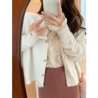 MUKOK French lace shirt women's 2023 spring new foreign style V-neck temperament slimming inner bottoming shirt