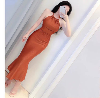 Long large open back temperament halter neck waist temperament dress