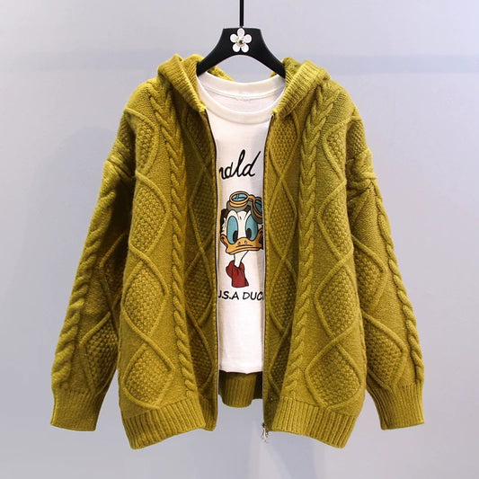 Diamond-shaped hooded twist sweater jacket women's autumn and winter 2022 new retro loose lazy wind zipper knitted cardigan