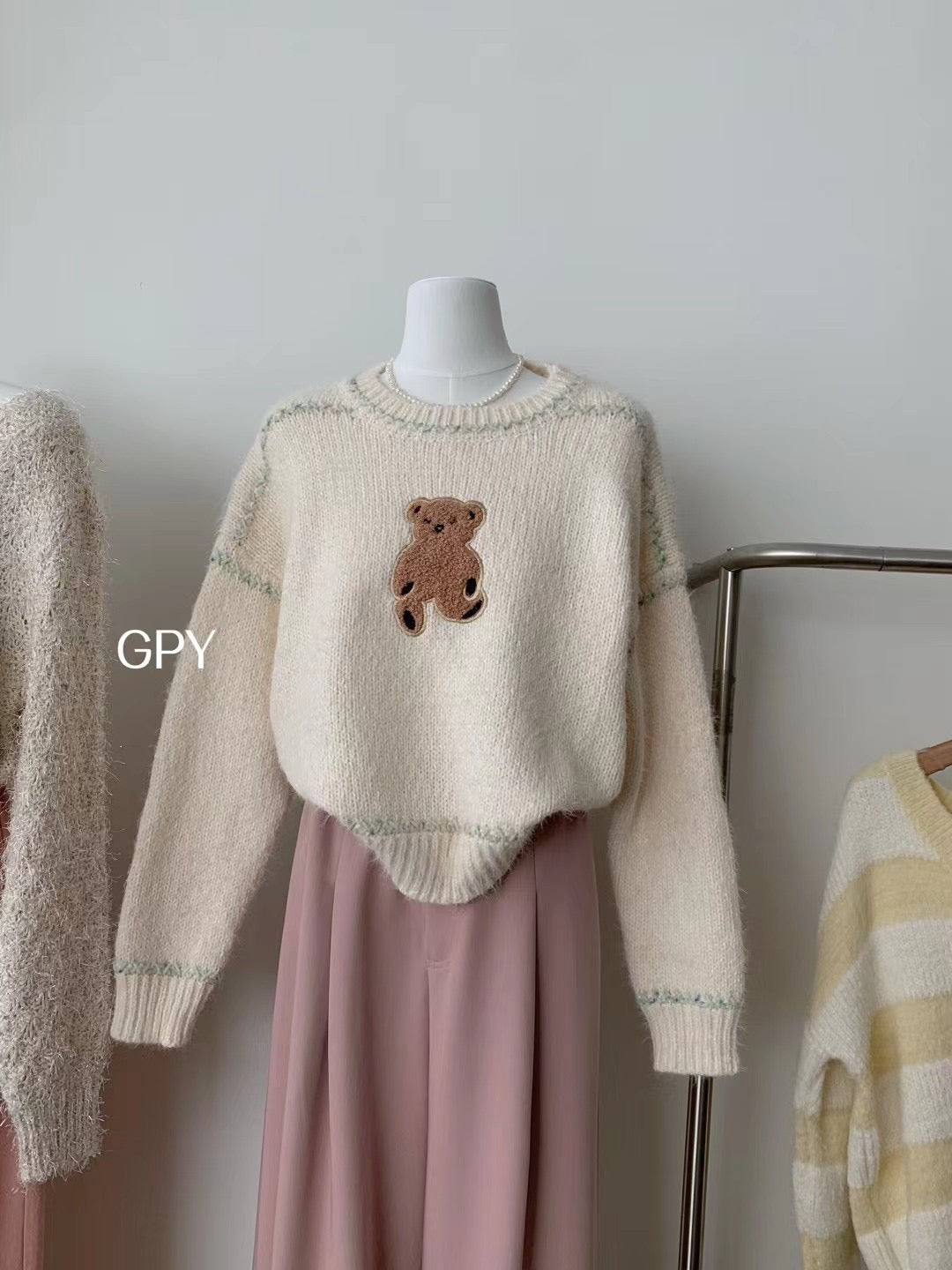GPY autumn and winter 2022 new cute embroidered bear sweater mink fur soft round neck pullover sweater versatile