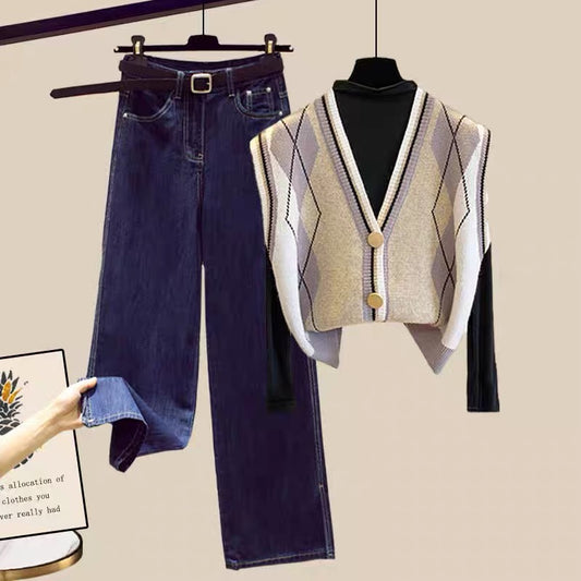 Three-piece small autumn outfit with a high bottoming shirt, vest, jeans, autumn suit, 2022 new women's