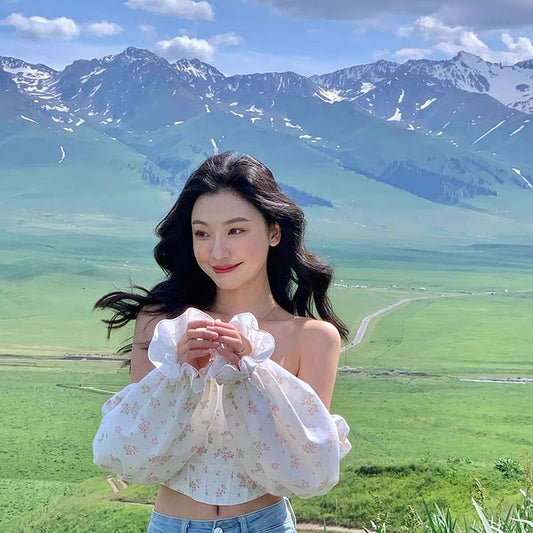 [Xiao Li X Yi Mengling joint series] one-shoulder long puff sleeve floral shirt spring and summer top women