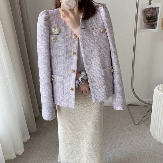 CHICROOM puff sleeves small fragrance jacket women's spring design niche high-end purple short women's top