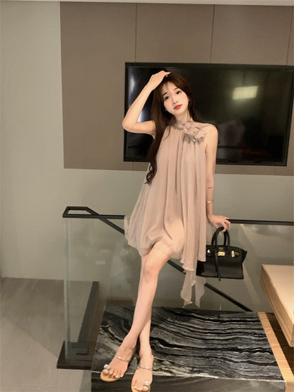 Hot girl mesh shirt dress female spring 2023 new a-line skirt high-quality irregular temperament skirt