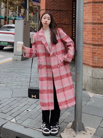 Pink imitation cashmere woolen coat women's winter thickened 2022 new Korean high-grade wool long woolen coat