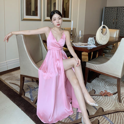 Seaside holiday beach skirt Xia Sanya travel wear sexy backless pink dress temperament dress super fairy