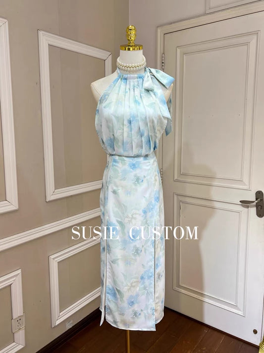 Temperament tube top stitching pleated halter straps elastic backless top high waist double slit half length skirt suit