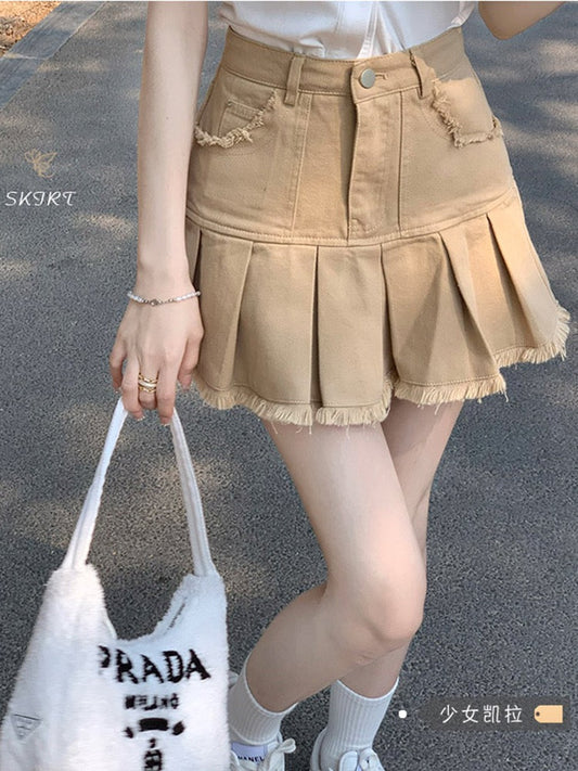 American retro khaki denim skirt female spring 2023 new A-line pleated skirt skirt skirt spring dress