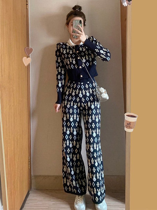 [Original] Knitting suit 2022 new women's spring small foreign style slimming wide-leg pants two-piece suit