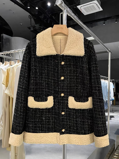 2022 autumn and winter new products black stitching lamb wool short coat women's small fragrance style high design sense all-match tops