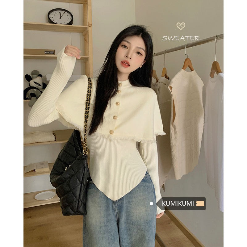 New fashion suit women's high-end sense red thin sweater early spring tassel knitted cloak coat two-piece set