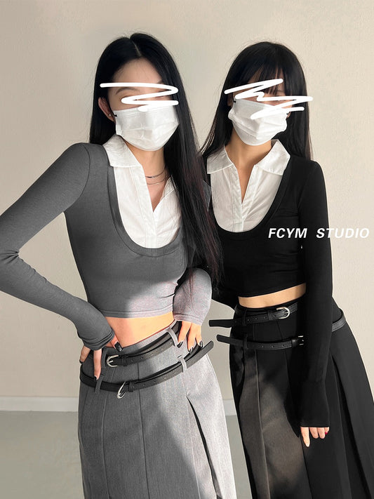 Spice Girls Sexy Tight Short Section Navel Navel Long Sleeve T-Shirt Blouse Collar College Wind Slim Slim Fake Two-piece Top
